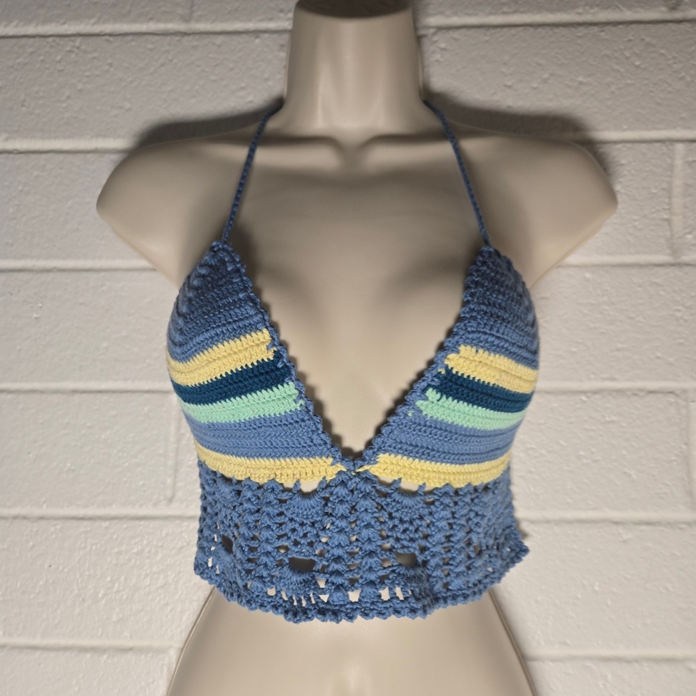 Handmade Crochet Halter Top Small Striped Boho Festival Knit Crop Pastel Artsy‎